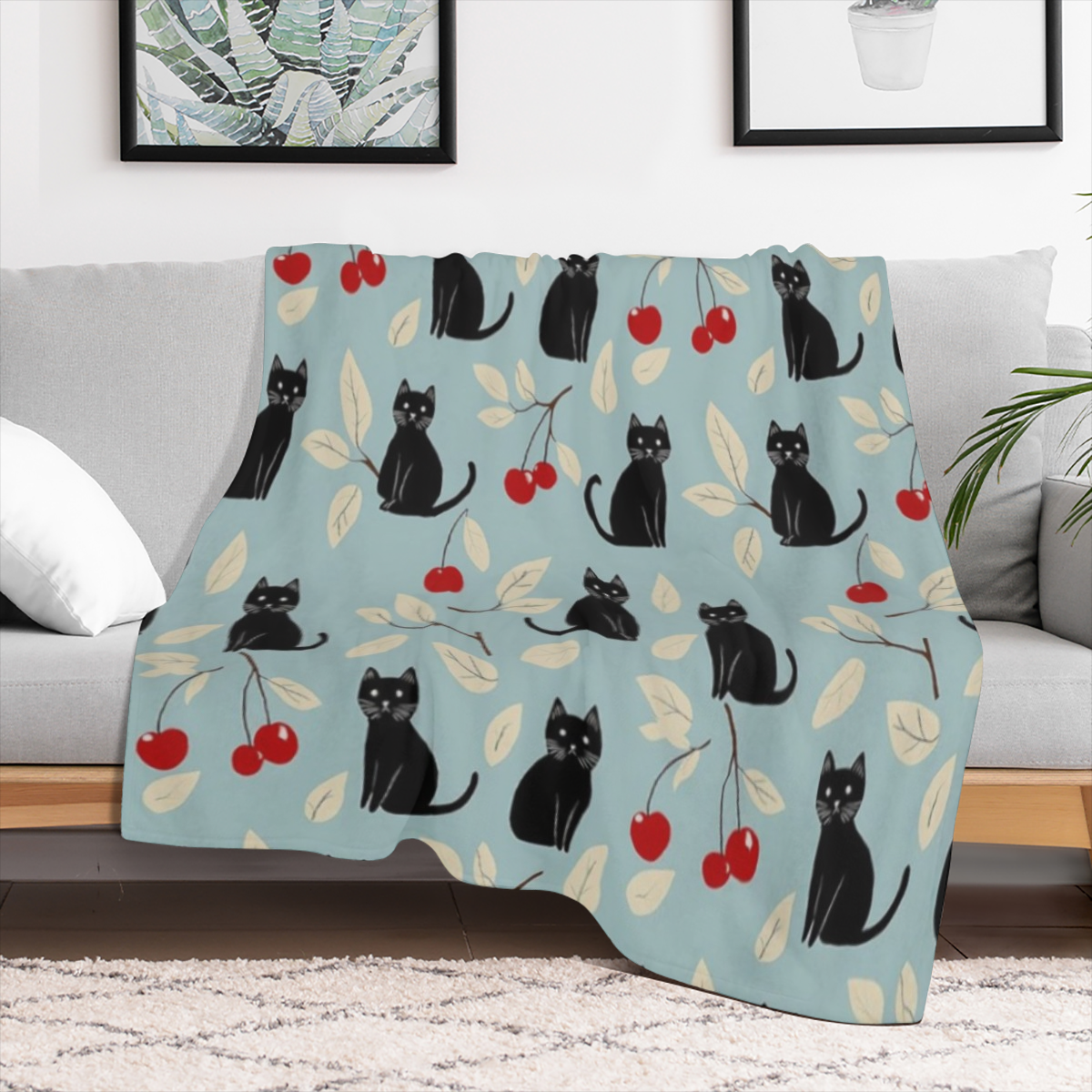 Black Cat & Cherry Blanket, Soft Cozy Flannel Throw Blanket for Bed, Couch, Travel & Home Decor, Lightweight Warm Fuzzy Blankets for Women Men