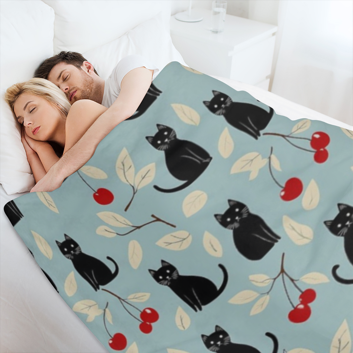 Black Cat & Cherry Blanket, Soft Cozy Flannel Throw Blanket for Bed, Couch, Travel & Home Decor, Lightweight Warm Fuzzy Blankets for Women Men