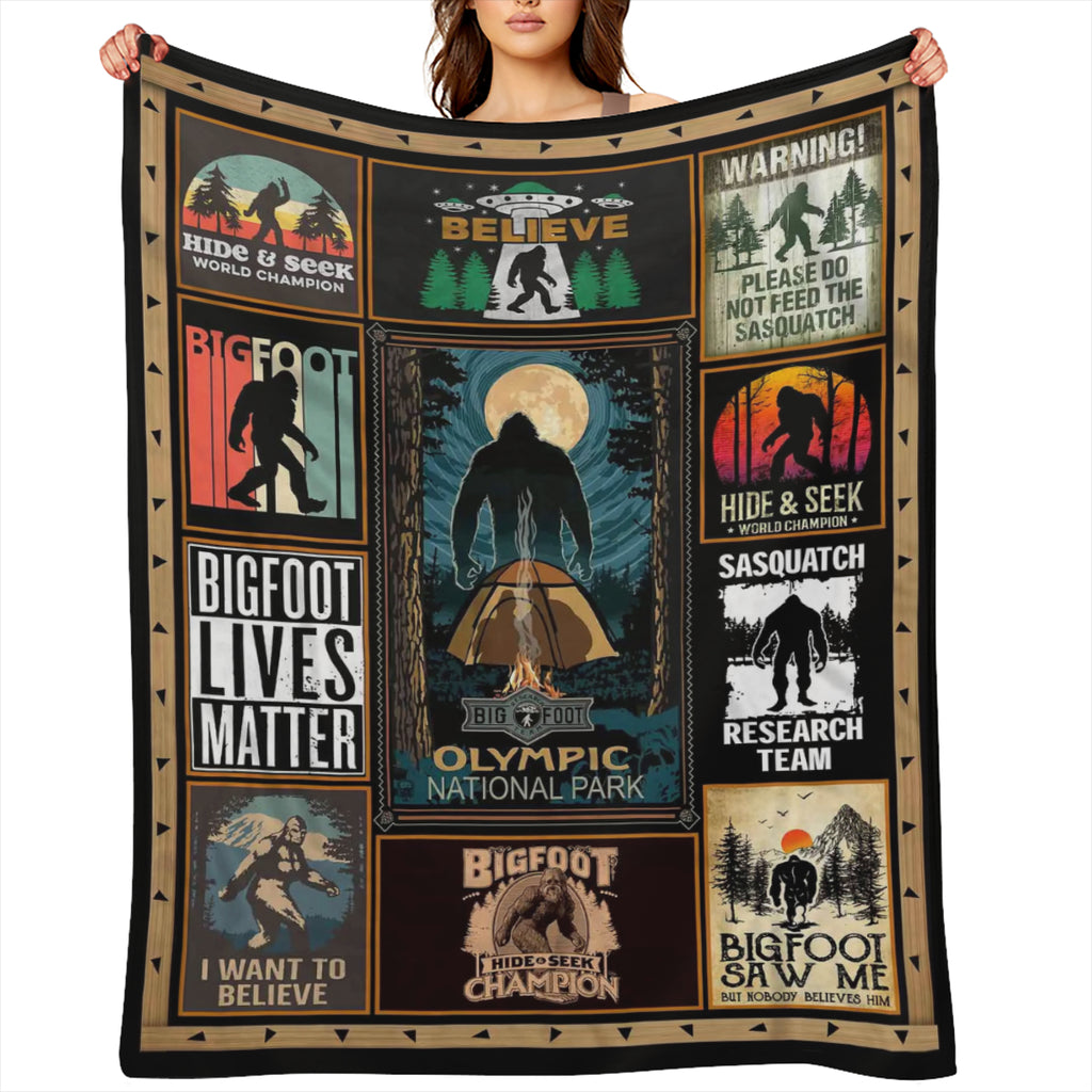 Sasquatch Enthusiast' s Cozy Companion - Soft, Plush Flannel Fleece Throw Blanket with Vibrant Cryptid and Wilderness Print, Vintage- Inspired Multipurpose All- Season Quilt, Durable Polyester Knitted
