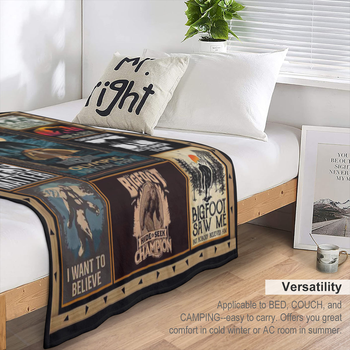 Sasquatch Enthusiast' s Cozy Companion - Soft, Plush Flannel Fleece Throw Blanket with Vibrant Cryptid and Wilderness Print, Vintage- Inspired Multipurpose All- Season Quilt, Durable Polyester Knitted