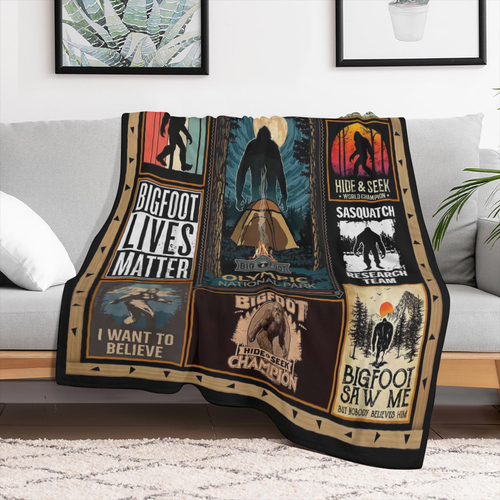 Sasquatch Enthusiast' s Cozy Companion - Soft, Plush Flannel Fleece Throw Blanket with Vibrant Cryptid and Wilderness Print, Vintage- Inspired Multipurpose All- Season Quilt, Durable Polyester Knitted