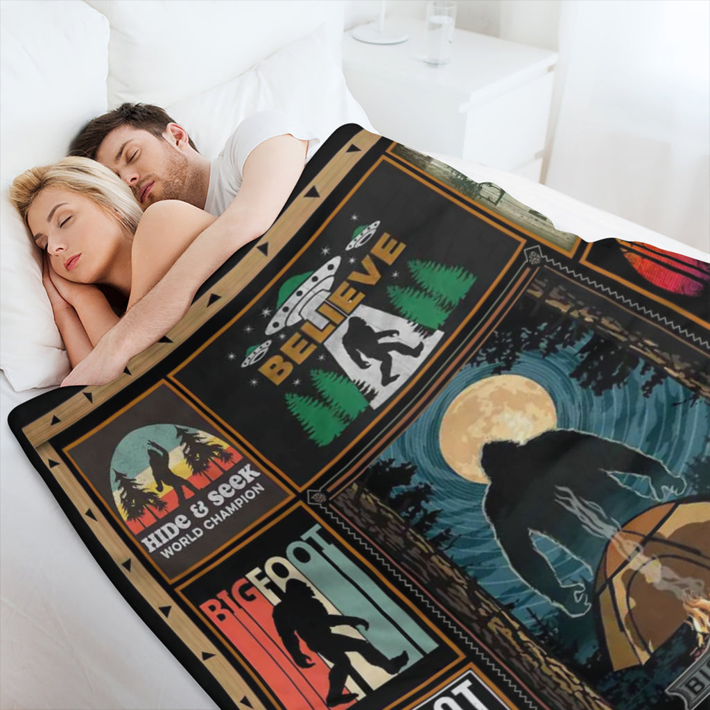Sasquatch Enthusiast' s Cozy Companion - Soft, Plush Flannel Fleece Throw Blanket with Vibrant Cryptid and Wilderness Print, Vintage- Inspired Multipurpose All- Season Quilt, Durable Polyester Knitted