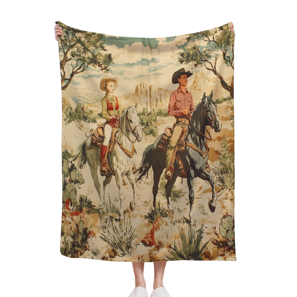 Western Cowboy Blanket with Horses & Cacti - Soft Flannel Wild West Desert Watercolor Design, Rustic Anime Bedspread Suitable for Bed, Couch, Sofa - All-Season Cozy Throw 280GSM