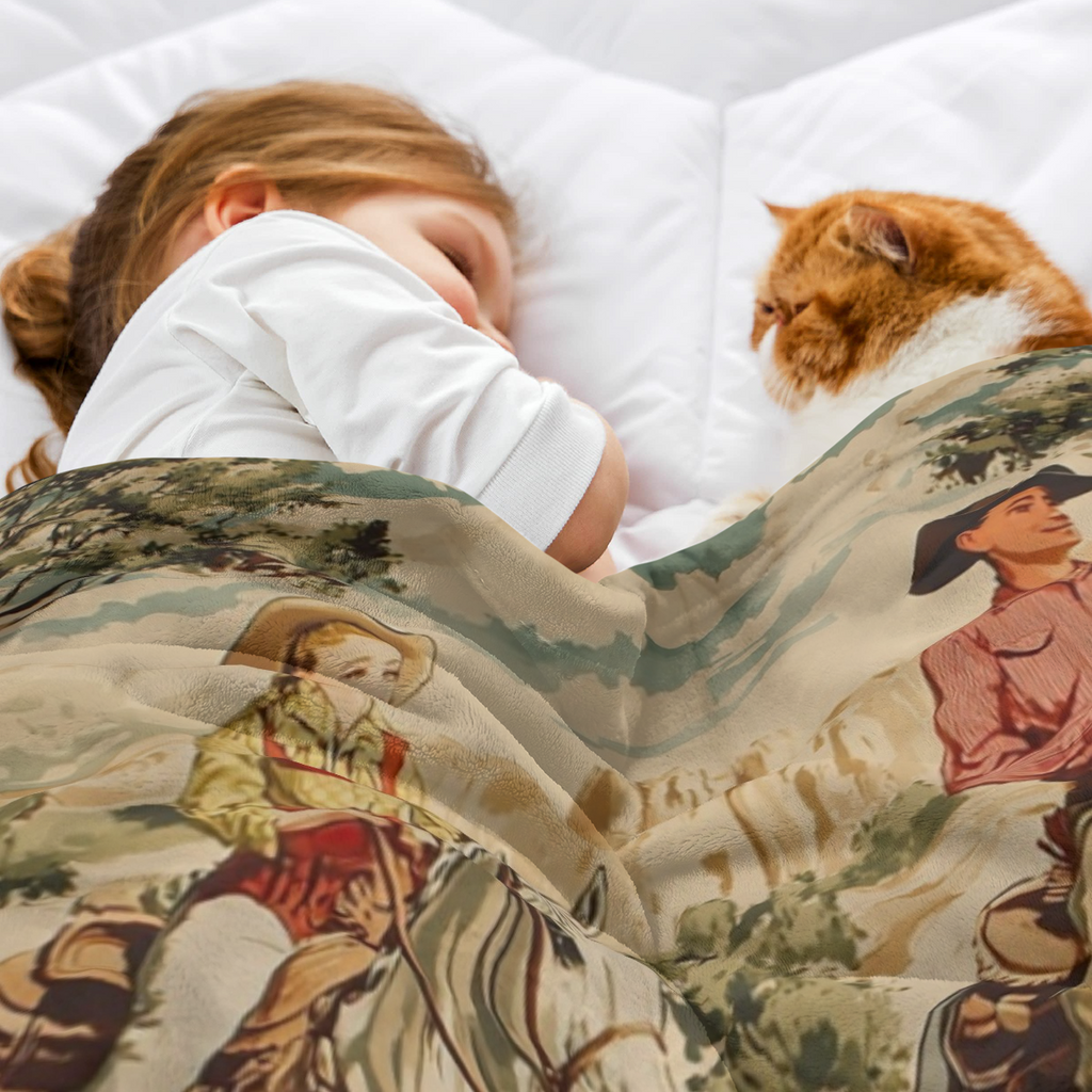 Western Cowboy Blanket with Horses & Cacti - Soft Flannel Wild West Desert Watercolor Design, Rustic Anime Bedspread Suitable for Bed, Couch, Sofa - All-Season Cozy Throw 280GSM