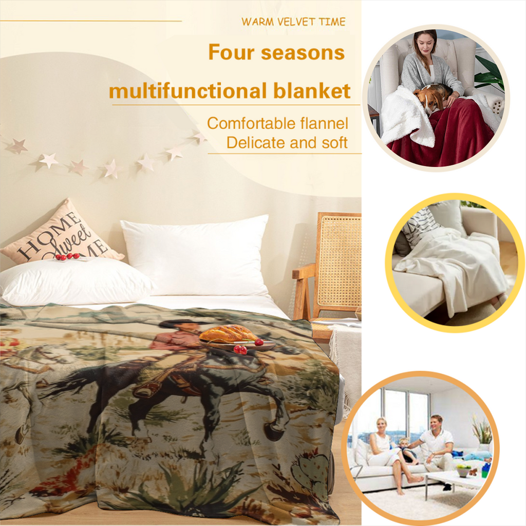 Western Cowboy Blanket with Horses & Cacti - Soft Flannel Wild West Desert Watercolor Design, Rustic Anime Bedspread Suitable for Bed, Couch, Sofa - All-Season Cozy Throw 280GSM
