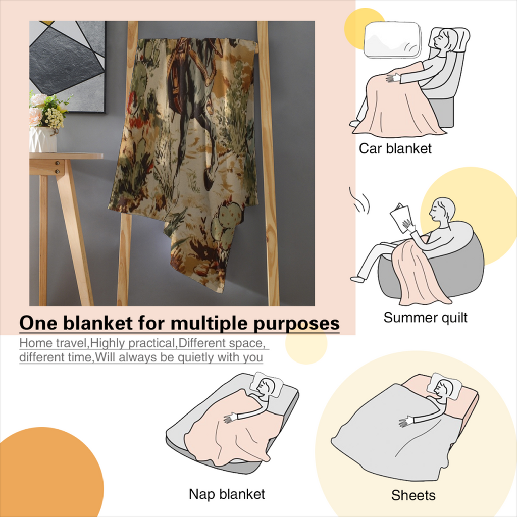 Western Cowboy Blanket with Horses & Cacti - Soft Flannel Wild West Desert Watercolor Design, Rustic Anime Bedspread Suitable for Bed, Couch, Sofa - All-Season Cozy Throw 280GSM