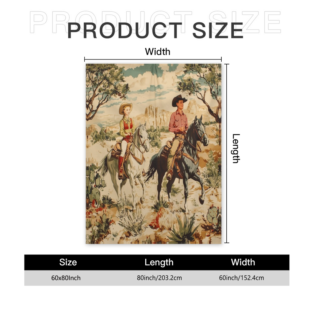 Western Cowboy Blanket with Horses & Cacti - Soft Flannel Wild West Desert Watercolor Design, Rustic Anime Bedspread Suitable for Bed, Couch, Sofa - All-Season Cozy Throw 280GSM