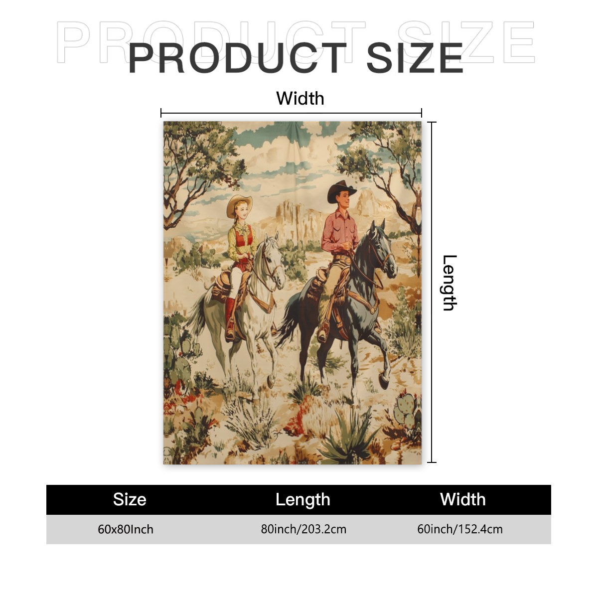 Western Cowboy Blanket with Horses & Cacti - Soft Flannel Wild West Desert Watercolor Design, Rustic Anime Bedspread Suitable for Bed, Couch, Sofa - All-Season Cozy Throw 280GSM