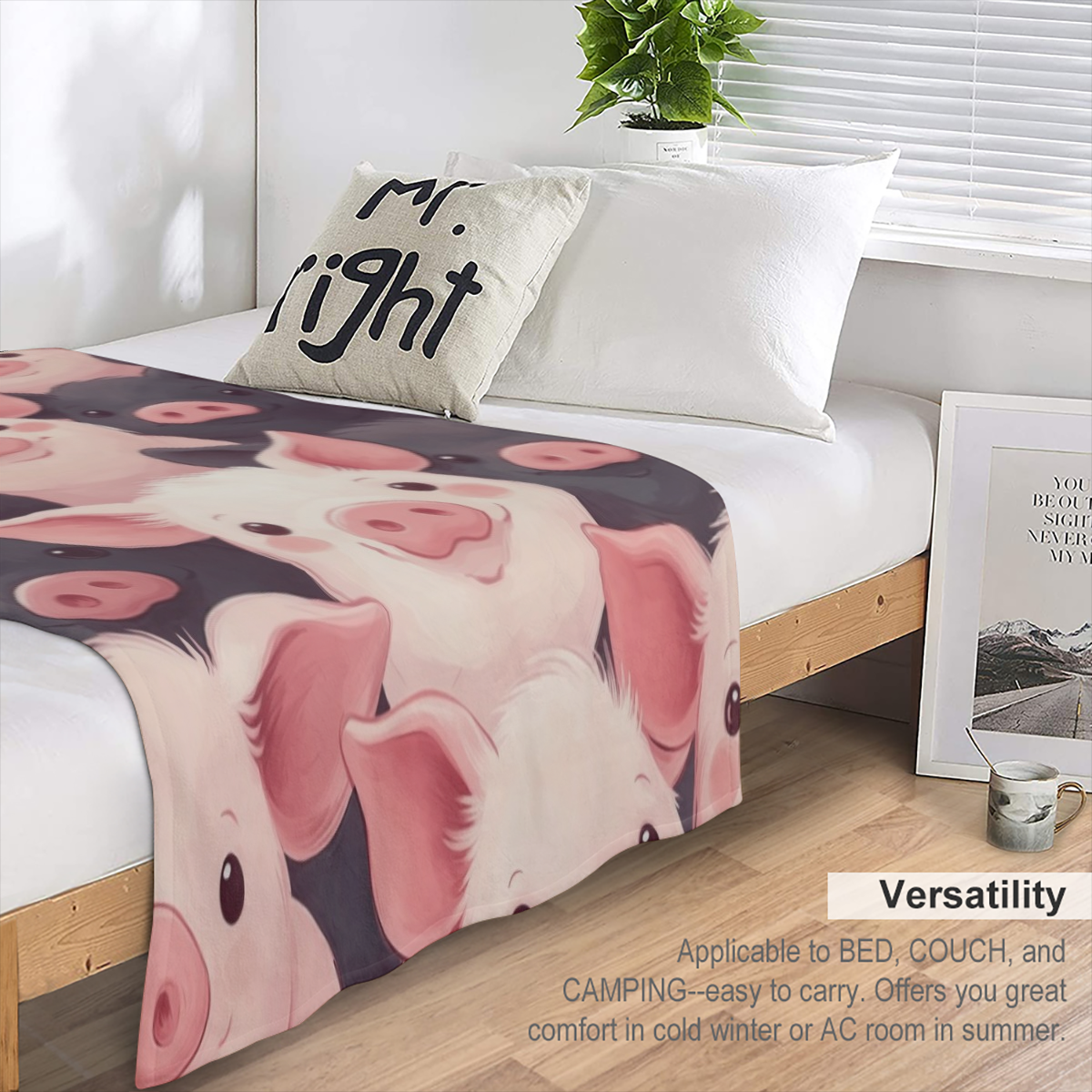 1pc Whimsical Pig Design Flannel Blanket - Soft, Cozy Polyester Throw for Home Decor & Outdoor Use - Ideal Gift for Valentine's Day, Christmas, Thanksgiving, New Year's Eve, Versatile Blanket | Playfu