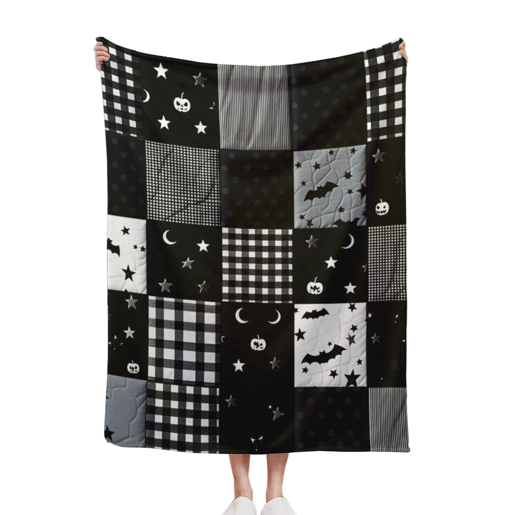 1pc Gothic Patchwork Flannel Throw Blanket - Black & Grey Plaid With Bats, Stars, Hearts & Moon Phases - Soft Plush All-Season Couch Bedspread For Home, Travel, Camping - Machine Washable Cozy Decorat