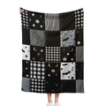 1pc Gothic Patchwork Flannel Throw Blanket - Black & Grey Plaid With Bats, Stars, Hearts & Moon Phases - Soft Plush All-Season Couch Bedspread For Home, Travel, Camping - Machine Washable Cozy Decorat