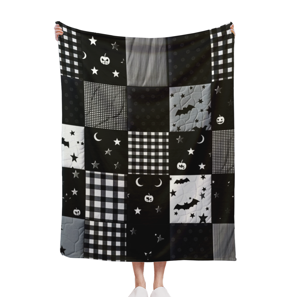 1pc Gothic Patchwork Flannel Throw Blanket - Black & Grey Plaid With Bats, Stars, Hearts & Moon Phases - Soft Plush All-Season Couch Bedspread For Home, Travel, Camping - Machine Washable Cozy Decorat