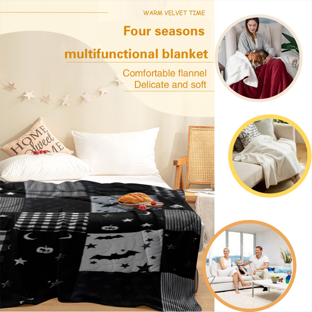 1pc Gothic Patchwork Flannel Throw Blanket - Black & Grey Plaid With Bats, Stars, Hearts & Moon Phases - Soft Plush All-Season Couch Bedspread For Home, Travel, Camping - Machine Washable Cozy Decorat
