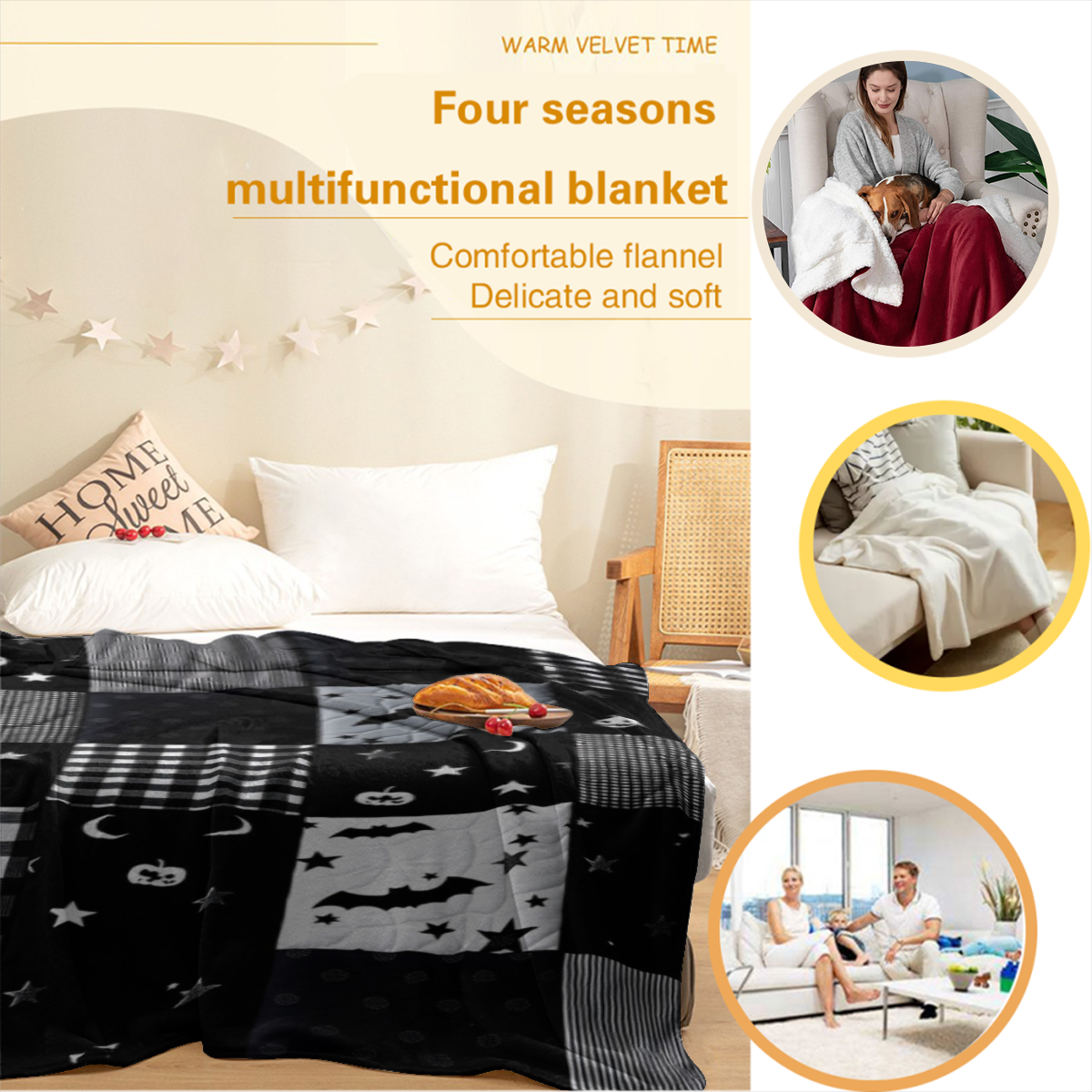 1pc Gothic Patchwork Flannel Throw Blanket - Black & Grey Plaid With Bats, Stars, Hearts & Moon Phases - Soft Plush All-Season Couch Bedspread For Home, Travel, Camping - Machine Washable Cozy Decorat