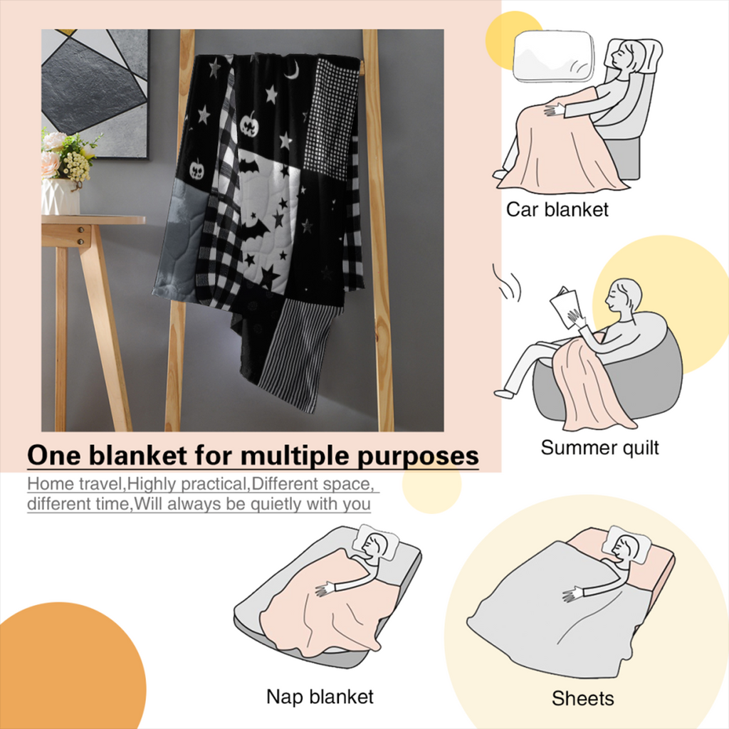 1pc Gothic Patchwork Flannel Throw Blanket - Black & Grey Plaid With Bats, Stars, Hearts & Moon Phases - Soft Plush All-Season Couch Bedspread For Home, Travel, Camping - Machine Washable Cozy Decorat