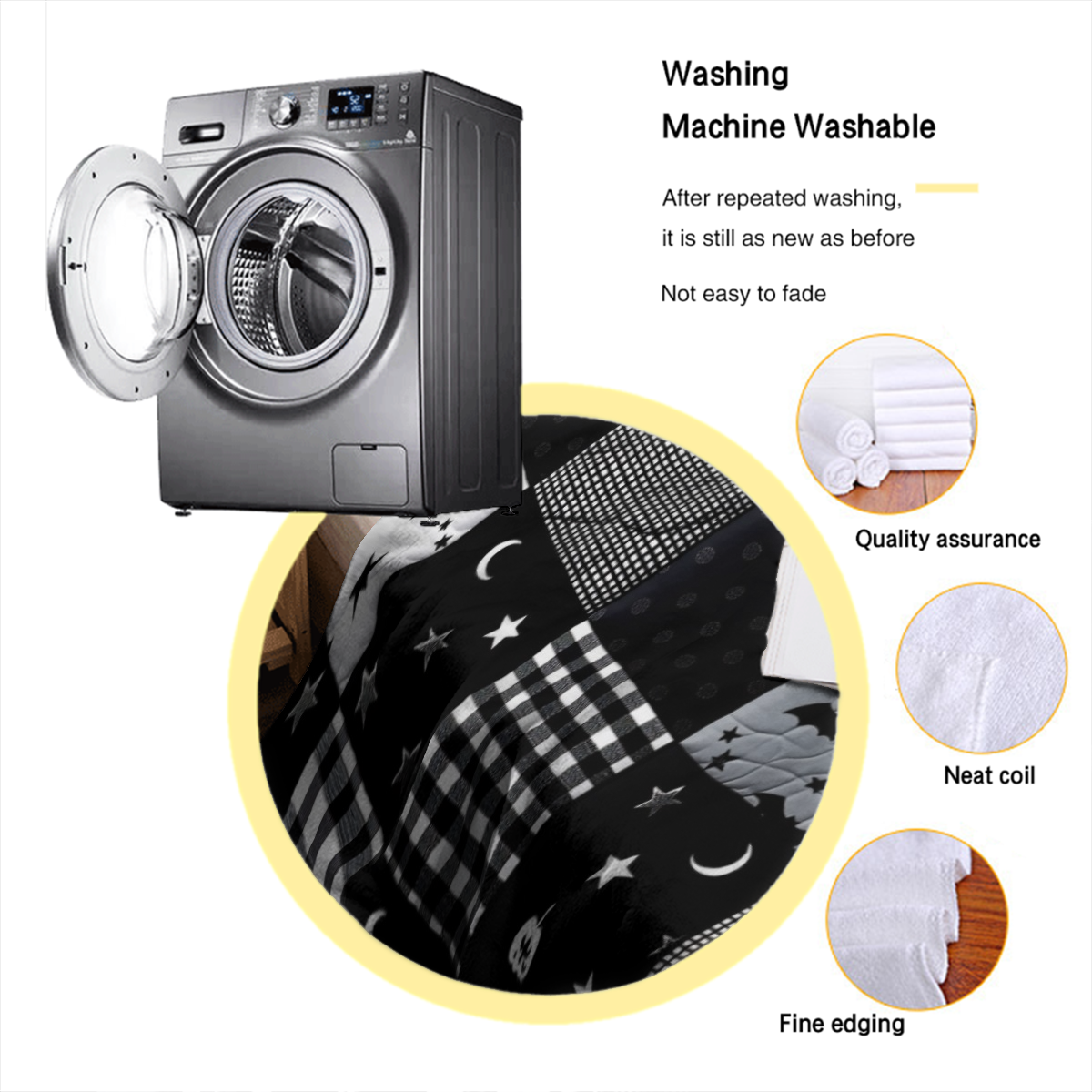 1pc Gothic Patchwork Flannel Throw Blanket - Black & Grey Plaid With Bats, Stars, Hearts & Moon Phases - Soft Plush All-Season Couch Bedspread For Home, Travel, Camping - Machine Washable Cozy Decorat