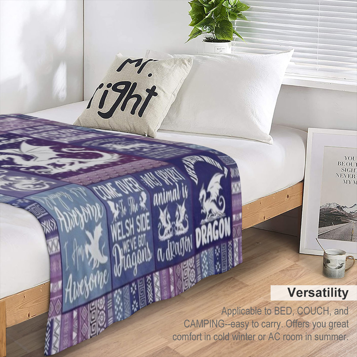 Dragon Blanket for Women Men Cute Dragon Themed Design Printed Purple Throw Blanket for Teens Adults Warm Soft Cozy Blanket