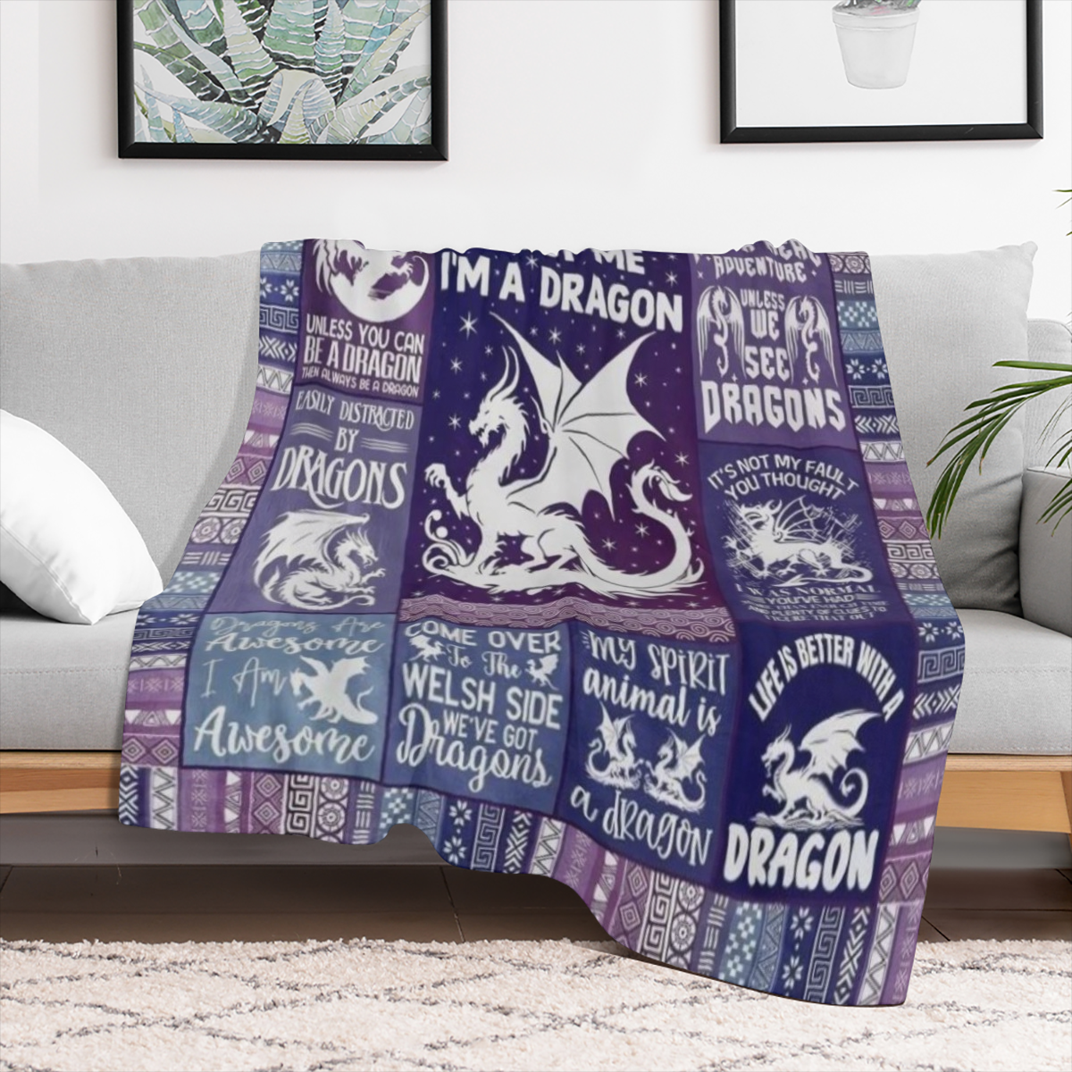Dragon Blanket for Women Men Cute Dragon Themed Design Printed Purple Throw Blanket for Teens Adults Warm Soft Cozy Blanket