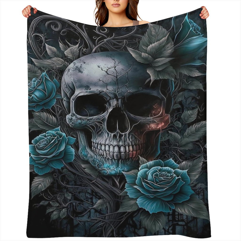 Contemporary Flannel Skull and Rose Print Throw Blanket - Digital Print Machine Washable Multi- Purpose for Travel Camping Home Office Decor Soft Comfort for All Seasons Gift for Boys and Girls