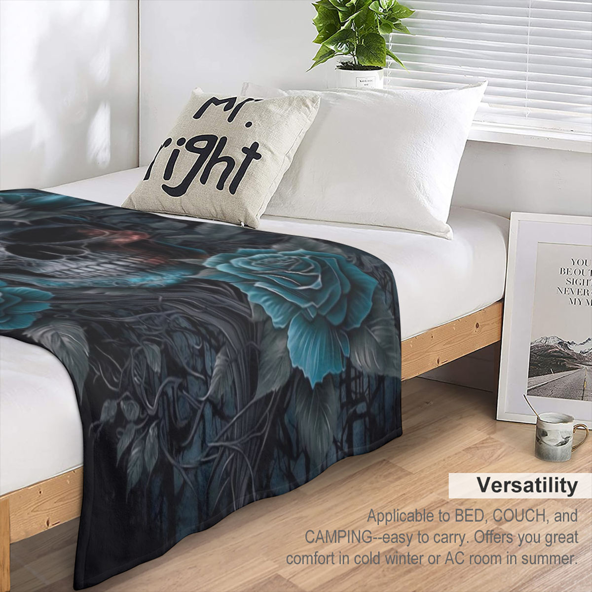 Contemporary Flannel Skull and Rose Print Throw Blanket - Digital Print Machine Washable Multi- Purpose for Travel Camping Home Office Decor Soft Comfort for All Seasons Gift for Boys and Girls