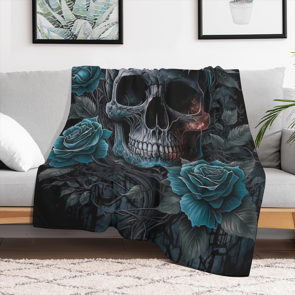 Contemporary Flannel Skull and Rose Print Throw Blanket - Digital Print Machine Washable Multi- Purpose for Travel Camping Home Office Decor Soft Comfort for All Seasons Gift for Boys and Girls