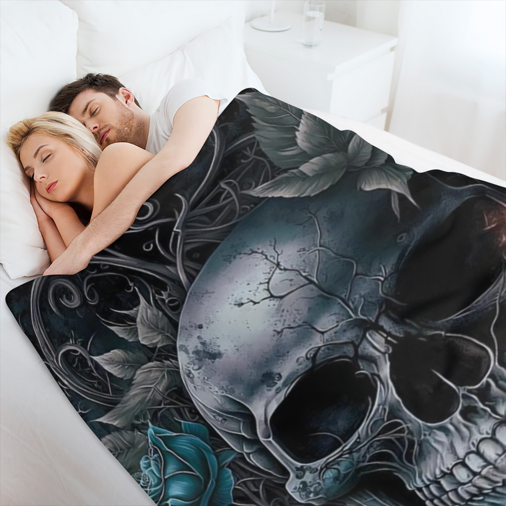 Contemporary Flannel Skull and Rose Print Throw Blanket - Digital Print Machine Washable Multi- Purpose for Travel Camping Home Office Decor Soft Comfort for All Seasons Gift for Boys and Girls