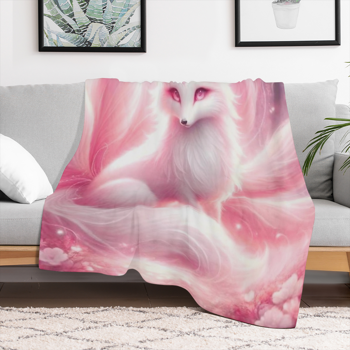 1pc pink nine-tailed fox printed blanket shawl nap blanket soft skin-friendly leisure sofa blanket throw blanket nap blanket multi-purpose blanket