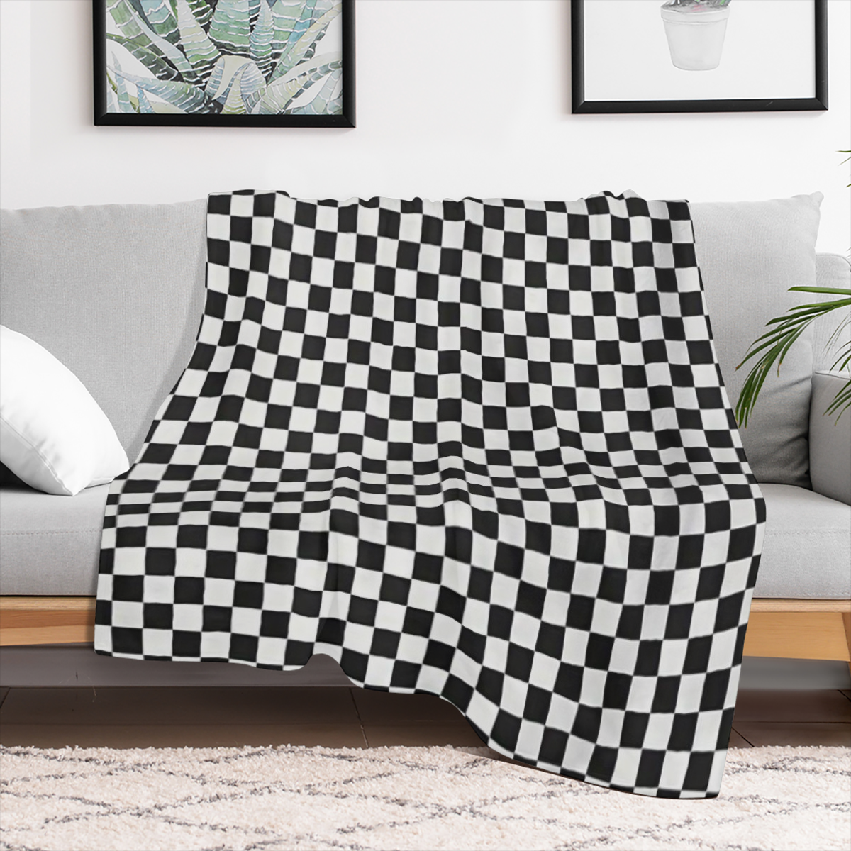 Contemporary Black and White Checkered Throw Blanket - Versatile Digital Print Flannel Throws for Home, Office, Car, Camping - All- Season Multipurpose Woven Polyester Blanket, Lightweight