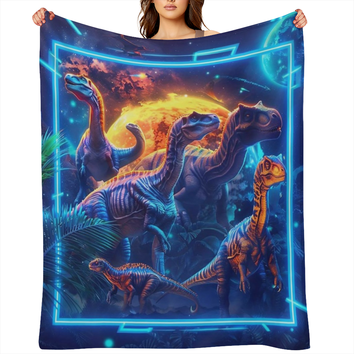 1pc Jurassic Adventure Soft Flannel Fleece Blanket - Vibrant Dinosaur Digital Print, All- Season Cozy Throw, 100 Polyester Knitted Twill, Lightweight Lodge Style Decor, 200- 250g, Red, Decorative Thro