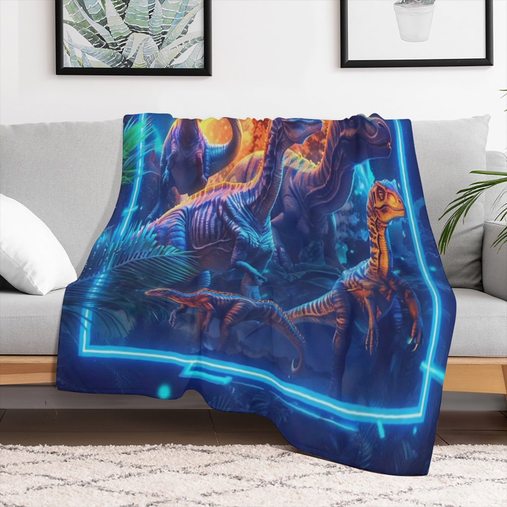 1pc Jurassic Adventure Soft Flannel Fleece Blanket - Vibrant Dinosaur Digital Print, All- Season Cozy Throw, 100 Polyester Knitted Twill, Lightweight Lodge Style Decor, 200- 250g, Red, Decorative Thro