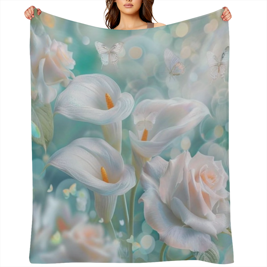 Beautiful Calla Lily Rose Flannel Throw Blanket, Soft Lightweight Cozy Warm Vibrant White Floral Butterfly Blankets for Couch Bed Travel- 30x40, 280GSM CozyFlannel MultiSizes, 4 Sizes Available