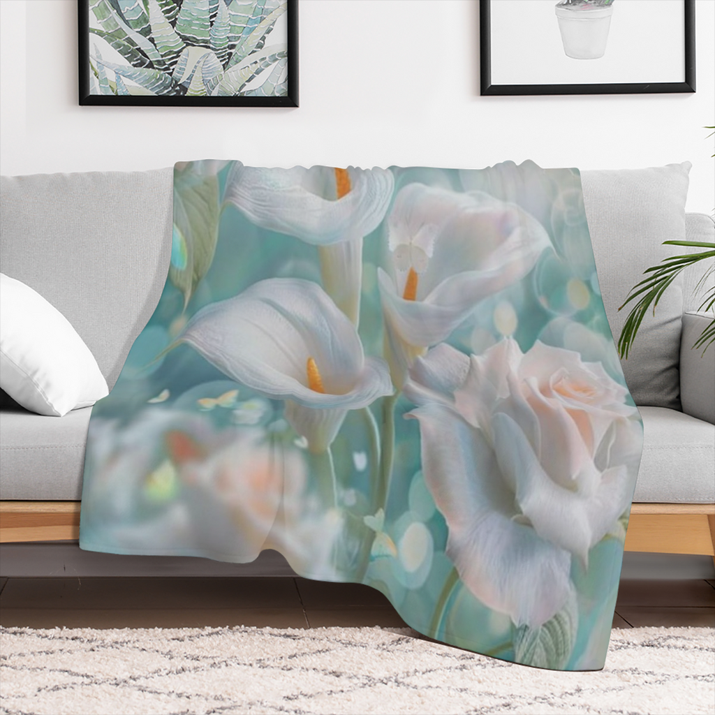 Beautiful Calla Lily Rose Flannel Throw Blanket, Soft Lightweight Cozy Warm Vibrant White Floral Butterfly Blankets for Couch Bed Travel- 30x40, 280GSM CozyFlannel MultiSizes, 4 Sizes Available