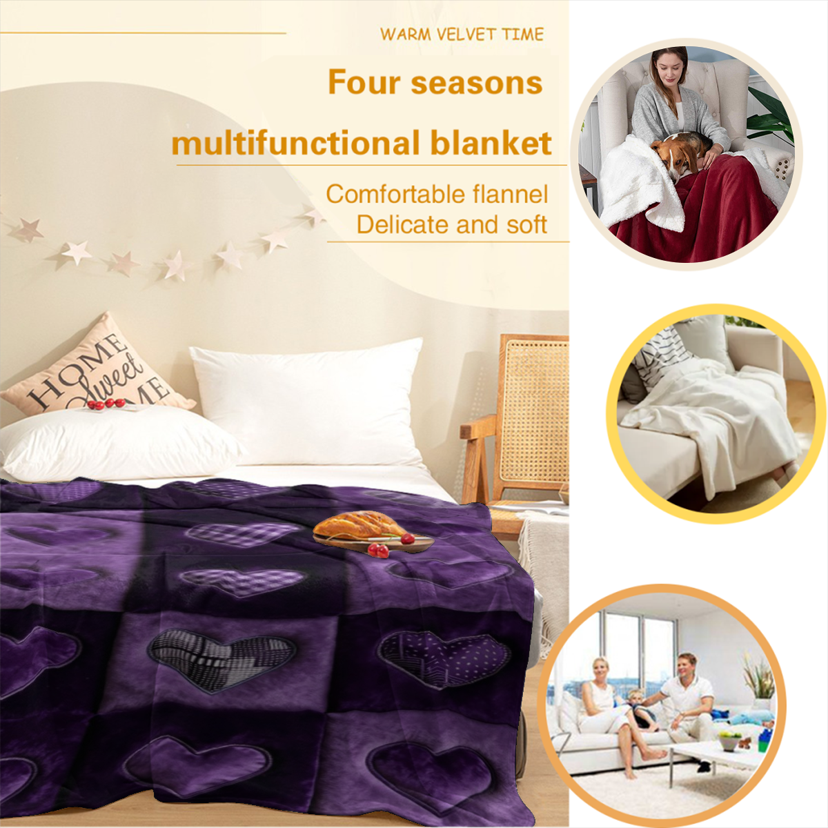 1pc 1pcs Western Purple Heart Flannel Blanket - Soft Warm Throw Suitable for All Seasons, Contemporary Bedspread with Neutral Multicolor Suitable for Bedroom, Sofa, Nap, Gift for, Christmas, Birthdays