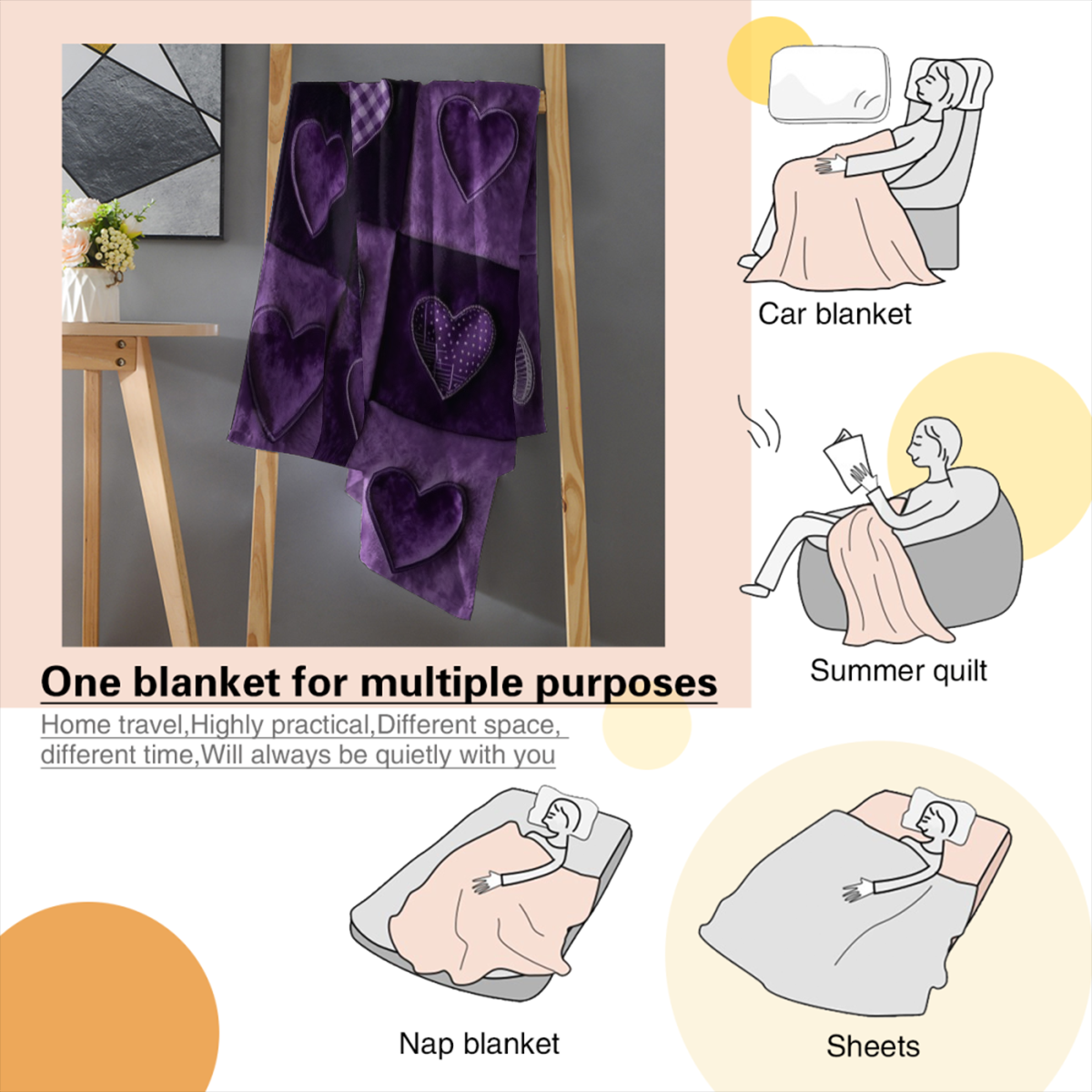 1pc 1pcs Western Purple Heart Flannel Blanket - Soft Warm Throw Suitable for All Seasons, Contemporary Bedspread with Neutral Multicolor Suitable for Bedroom, Sofa, Nap, Gift for, Christmas, Birthdays