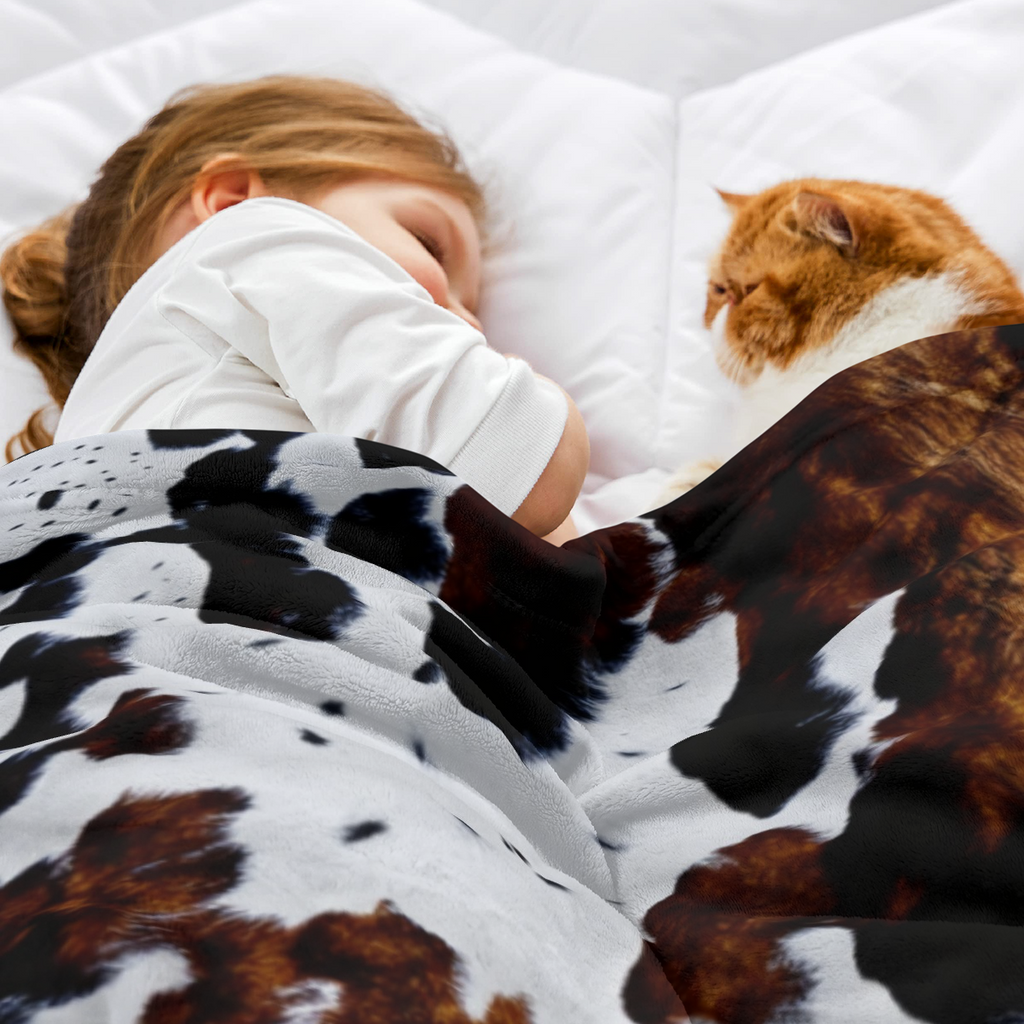 Cowhide Pattern Faux Fur Throw Blanket Brown White And Black Print Cozy Bedding For Living Room Or Bedroom Decor