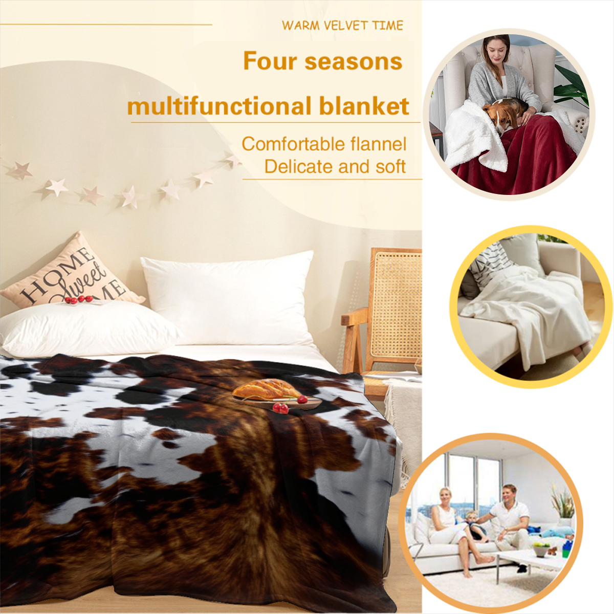 Cowhide Pattern Faux Fur Throw Blanket Brown White And Black Print Cozy Bedding For Living Room Or Bedroom Decor