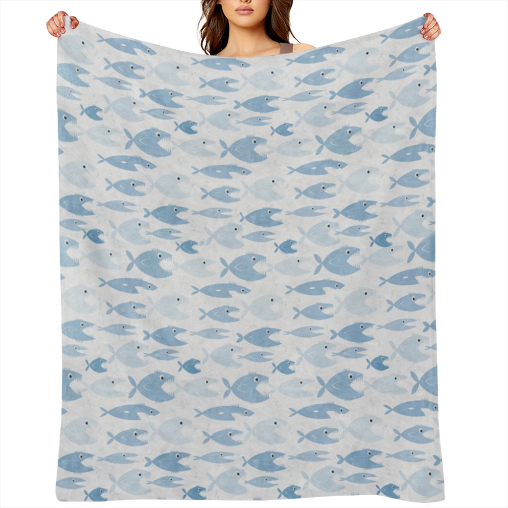 Ambesonne Fish Throw Blanket, Aquatic Fauna with Sharp Teeth Cartoon Nature Illustration Piranha Design, Flannel Fleece Accent Piece Soft Couch Cover for Adults, 50 x 60, Pale Blue Pale Blue, 280GSM C