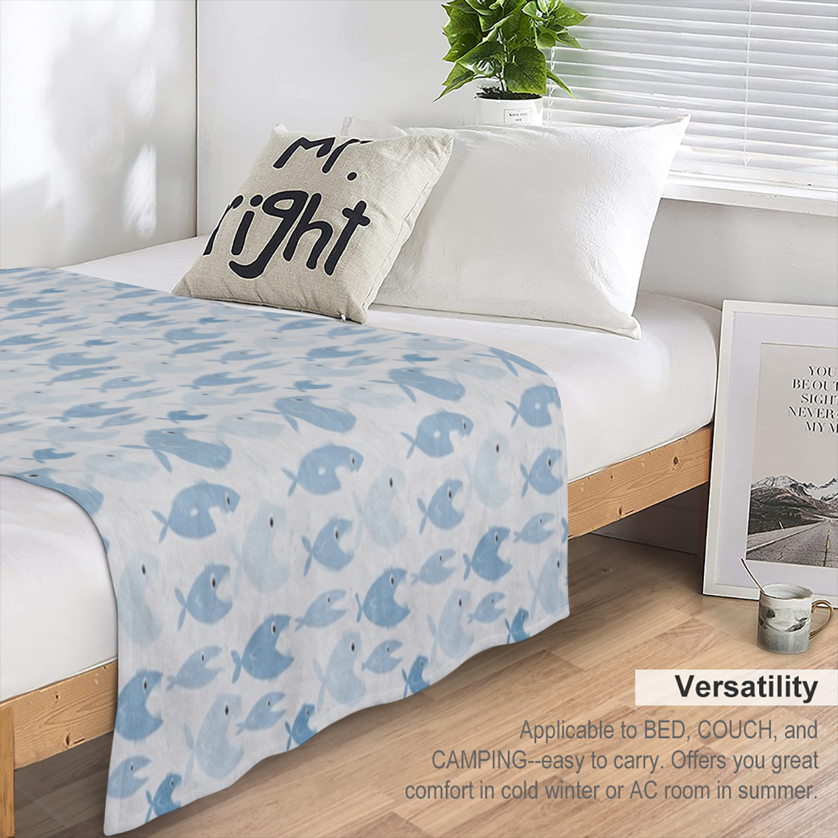 Ambesonne Fish Throw Blanket, Aquatic Fauna with Sharp Teeth Cartoon Nature Illustration Piranha Design, Flannel Fleece Accent Piece Soft Couch Cover for Adults, 50 x 60, Pale Blue Pale Blue, 280GSM C
