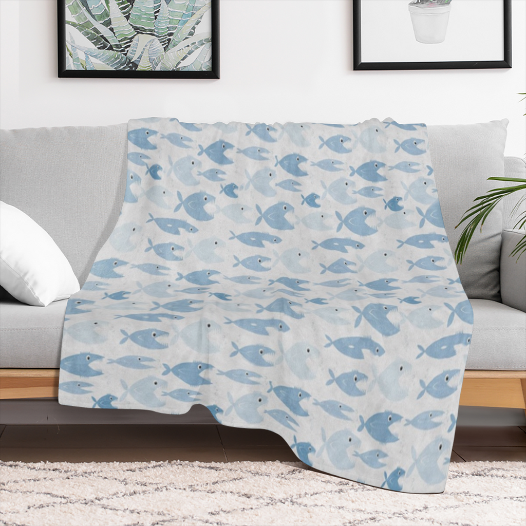 Ambesonne Fish Throw Blanket, Aquatic Fauna with Sharp Teeth Cartoon Nature Illustration Piranha Design, Flannel Fleece Accent Piece Soft Couch Cover for Adults, 50 x 60, Pale Blue Pale Blue, 280GSM C