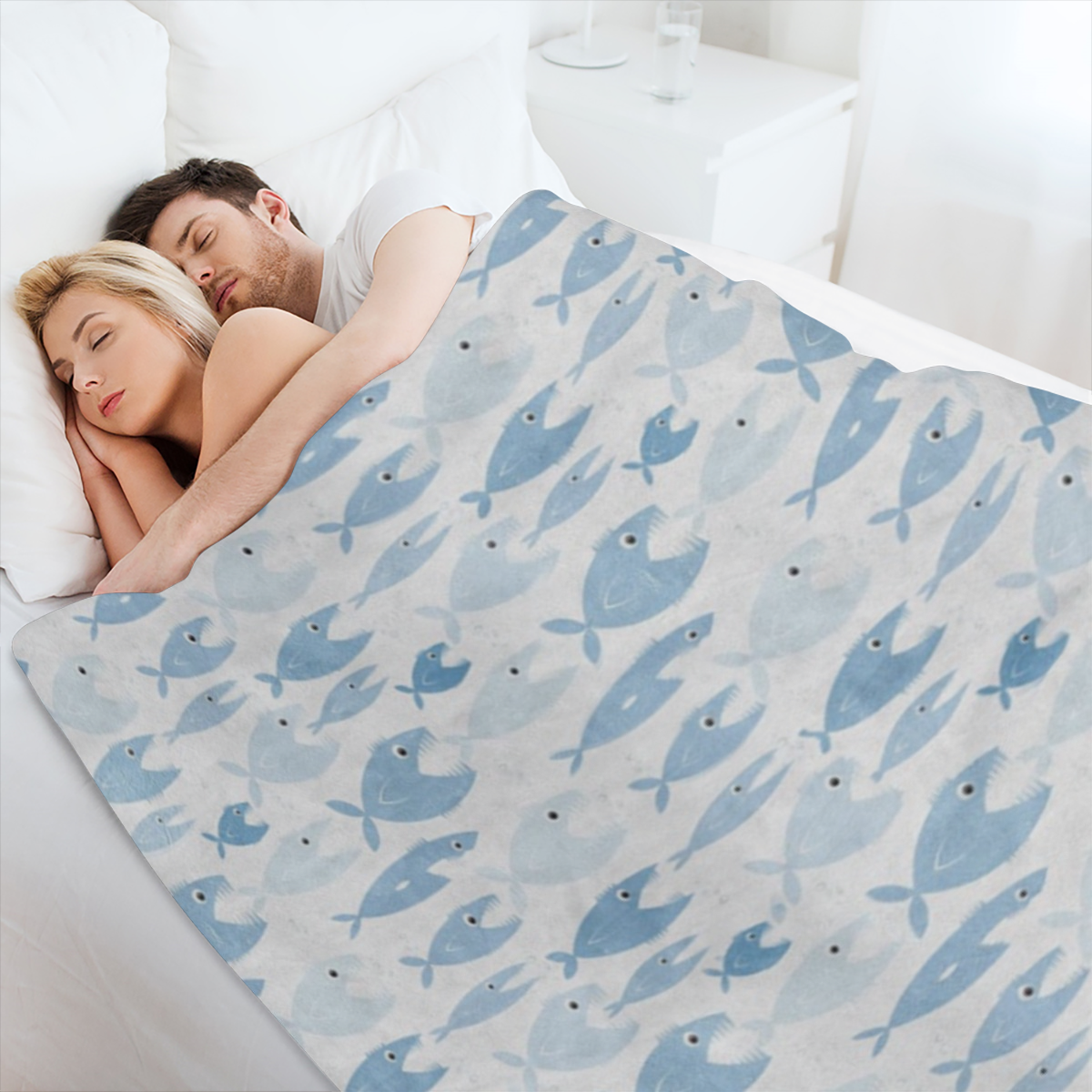 Ambesonne Fish Throw Blanket, Aquatic Fauna with Sharp Teeth Cartoon Nature Illustration Piranha Design, Flannel Fleece Accent Piece Soft Couch Cover for Adults, 50 x 60, Pale Blue Pale Blue, 280GSM C