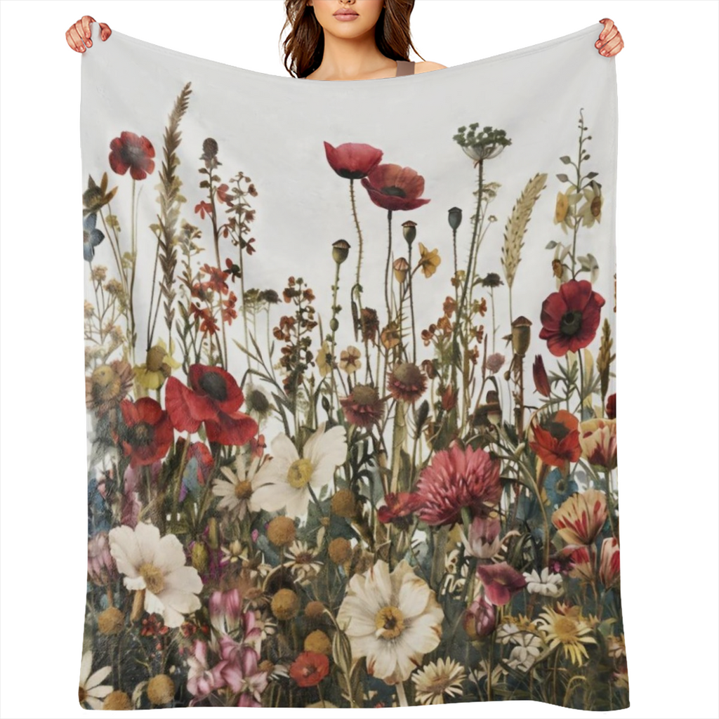 An antique floral and poppy print flannelette blanket - soft and warm polyester woven multifunctional blanket for sofas, beds, offices, camping, travel - digital printed all season lightweight blanket