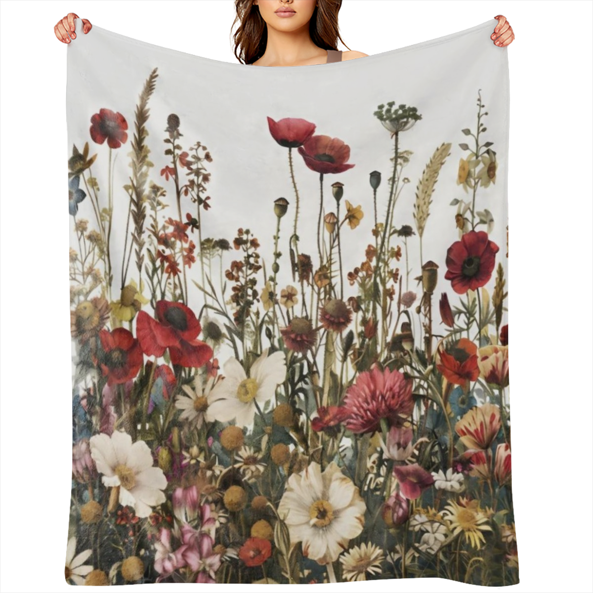 An antique floral and poppy print flannelette blanket - soft and warm polyester woven multifunctional blanket for sofas, beds, offices, camping, travel - digital printed all season lightweight blanket
