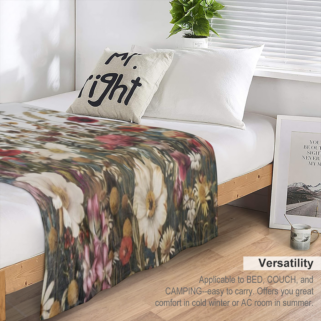 An antique floral and poppy print flannelette blanket - soft and warm polyester woven multifunctional blanket for sofas, beds, offices, camping, travel - digital printed all season lightweight blanket