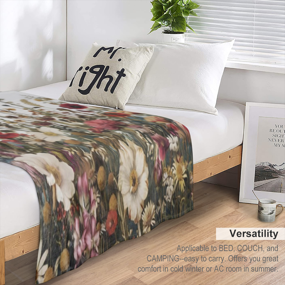 An antique floral and poppy print flannelette blanket - soft and warm polyester woven multifunctional blanket for sofas, beds, offices, camping, travel - digital printed all season lightweight blanket