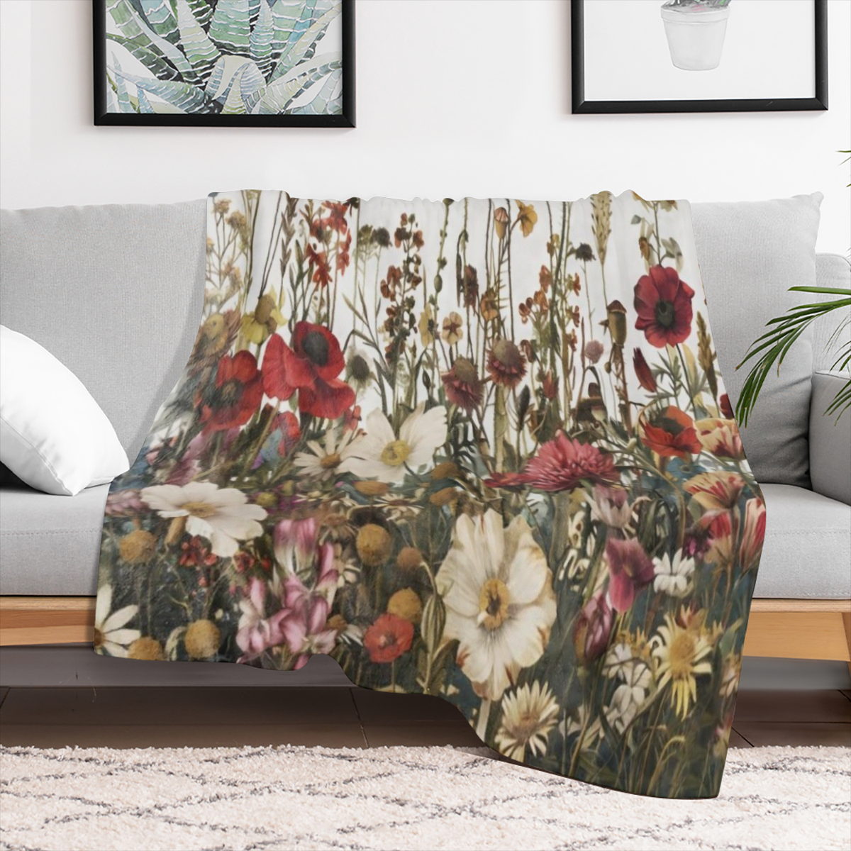 An antique floral and poppy print flannelette blanket - soft and warm polyester woven multifunctional blanket for sofas, beds, offices, camping, travel - digital printed all season lightweight blanket