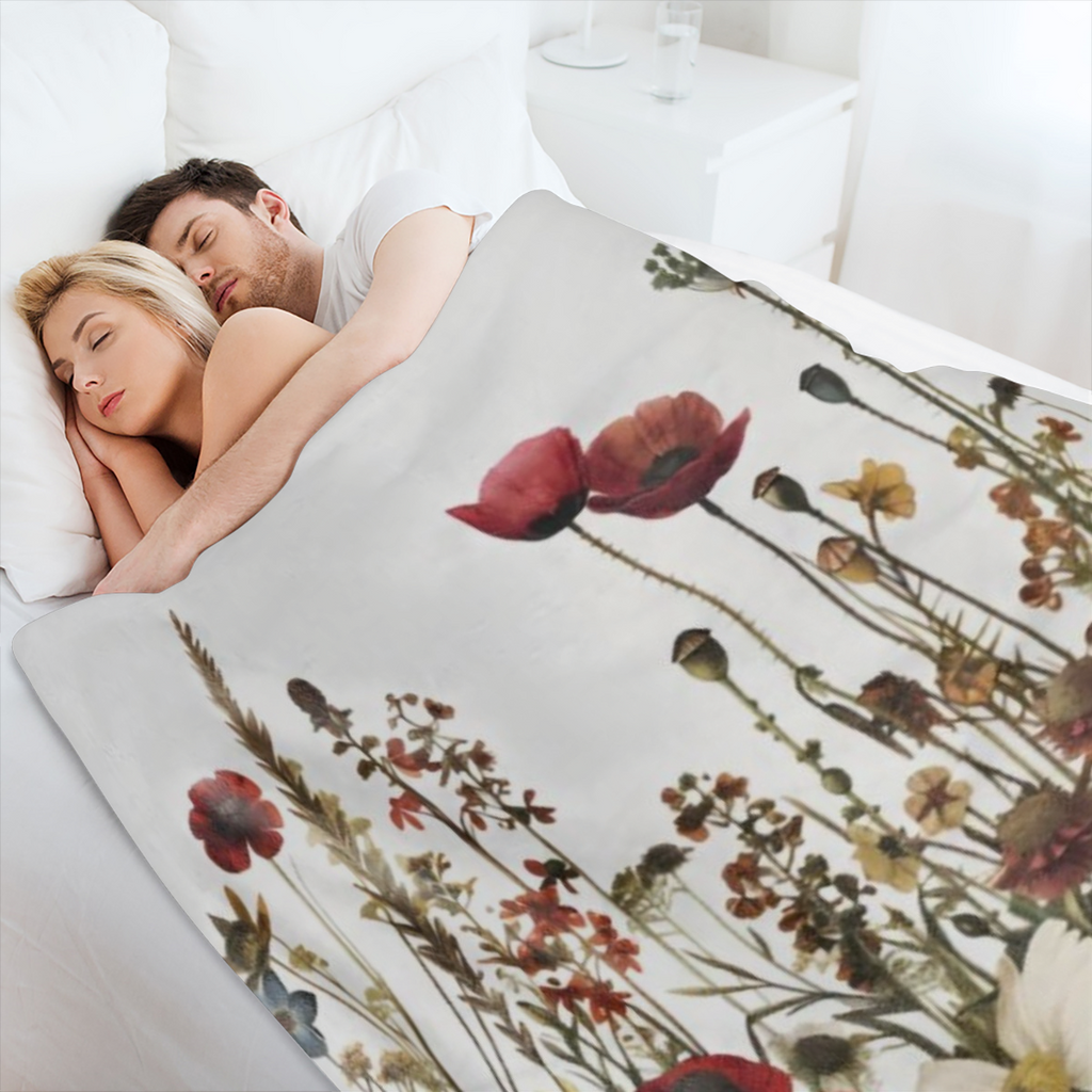 An antique floral and poppy print flannelette blanket - soft and warm polyester woven multifunctional blanket for sofas, beds, offices, camping, travel - digital printed all season lightweight blanket