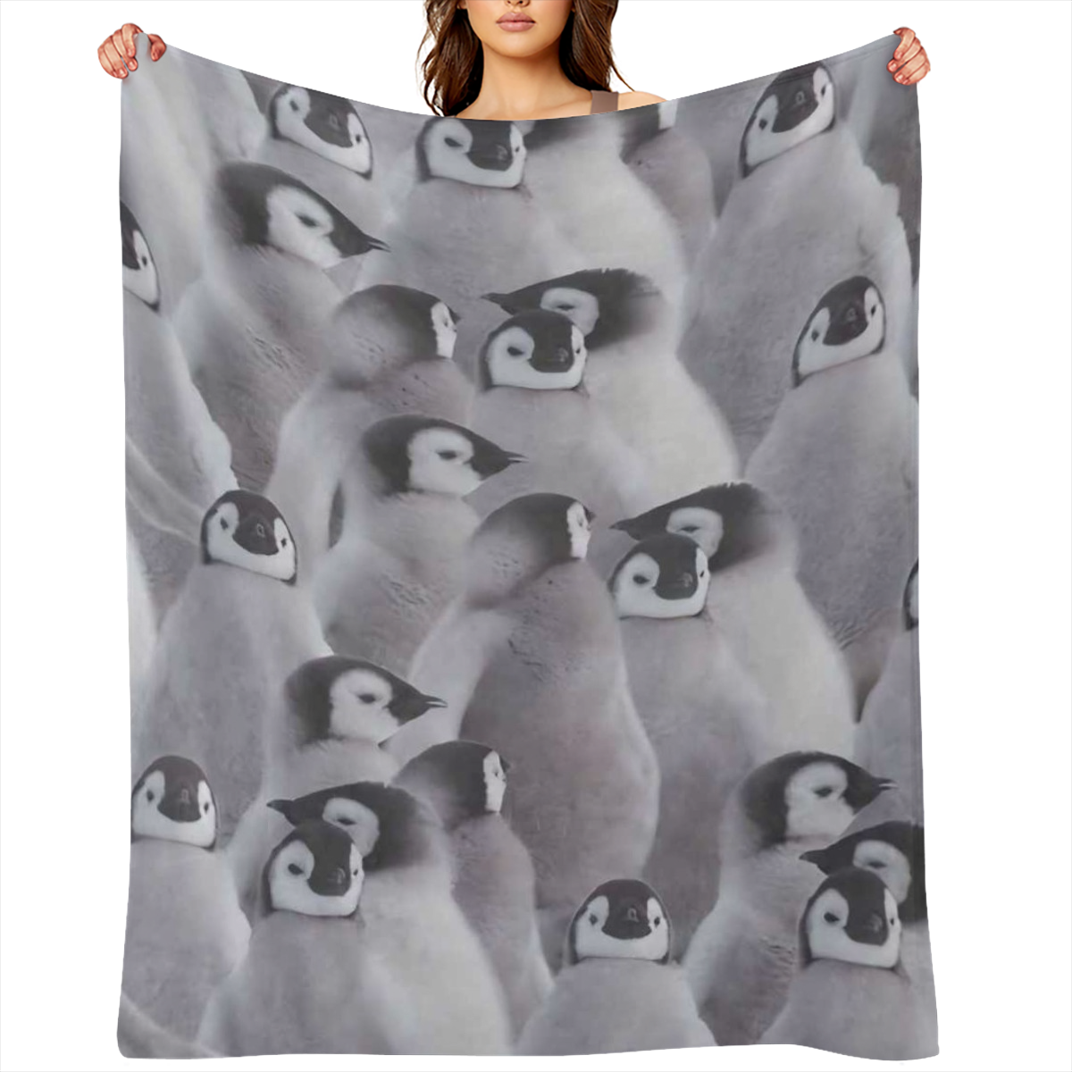 1pc Penguin Print Flannel Blanket - All- Season Chunky Knit Polyester, Hand Wash, Tear Resistant, Applique Embellished, Ideal for Camping & Home Decor