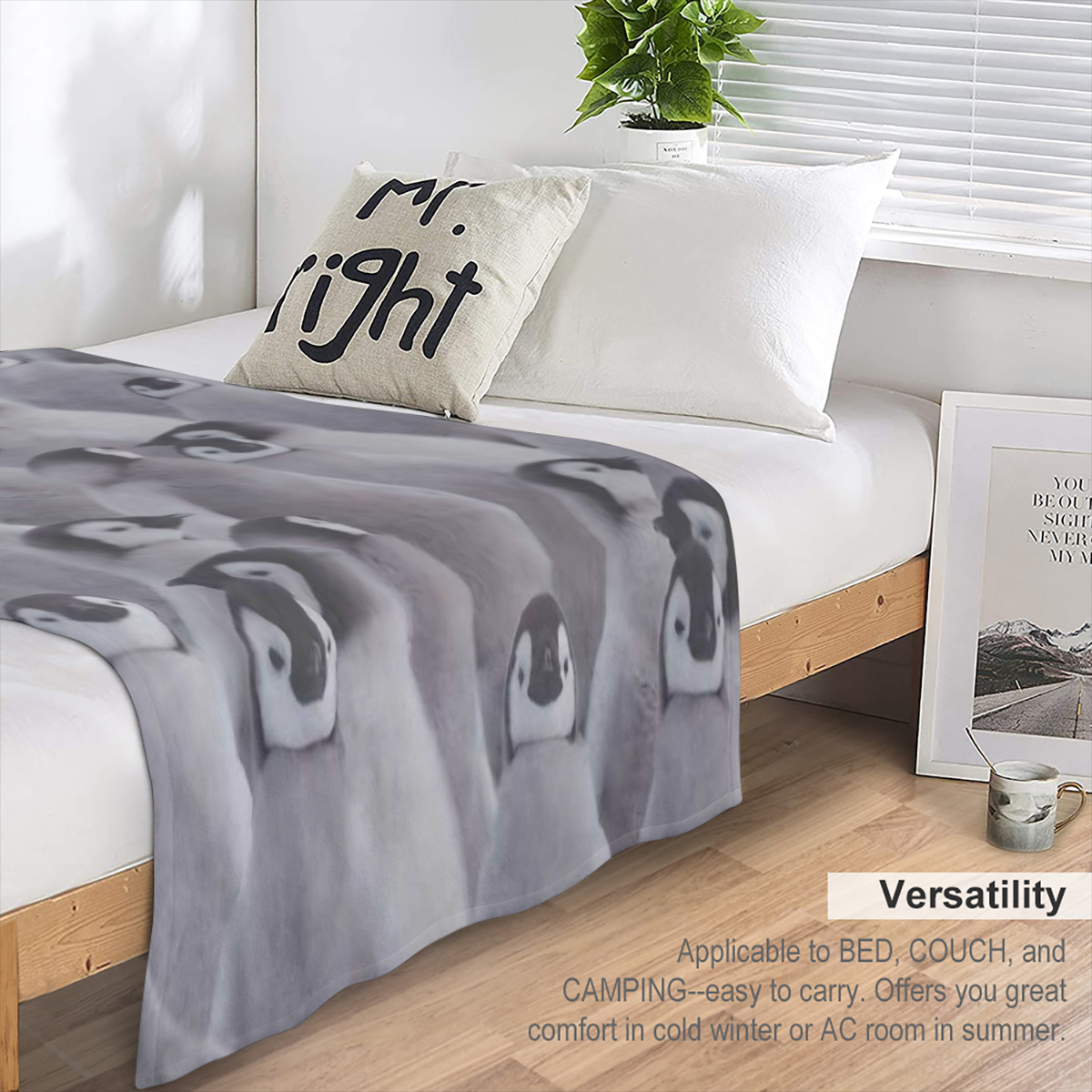 1pc Penguin Print Flannel Blanket - All- Season Chunky Knit Polyester, Hand Wash, Tear Resistant, Applique Embellished, Ideal for Camping & Home Decor