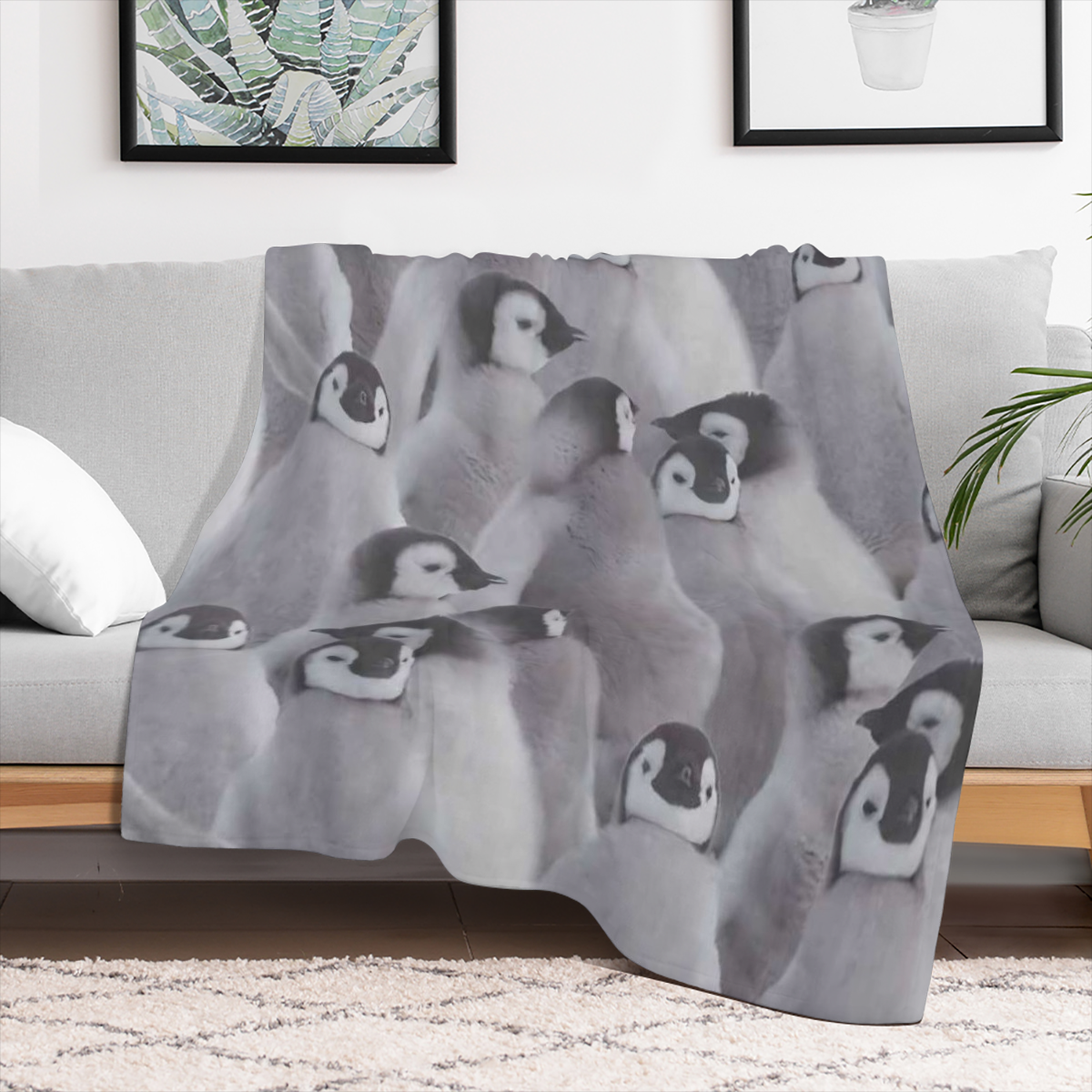 1pc Penguin Print Flannel Blanket - All- Season Chunky Knit Polyester, Hand Wash, Tear Resistant, Applique Embellished, Ideal for Camping & Home Decor