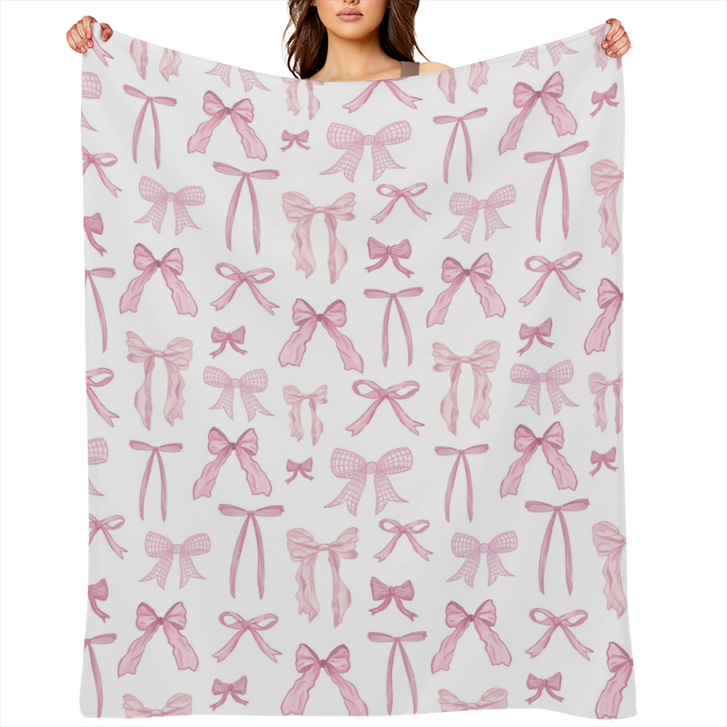 Cozy Pink Bow Print Flannel Throw Blanket - Versatile for Bed, Couch, Office, and Outdoor Use - Perfect Gift for Girls and Friends